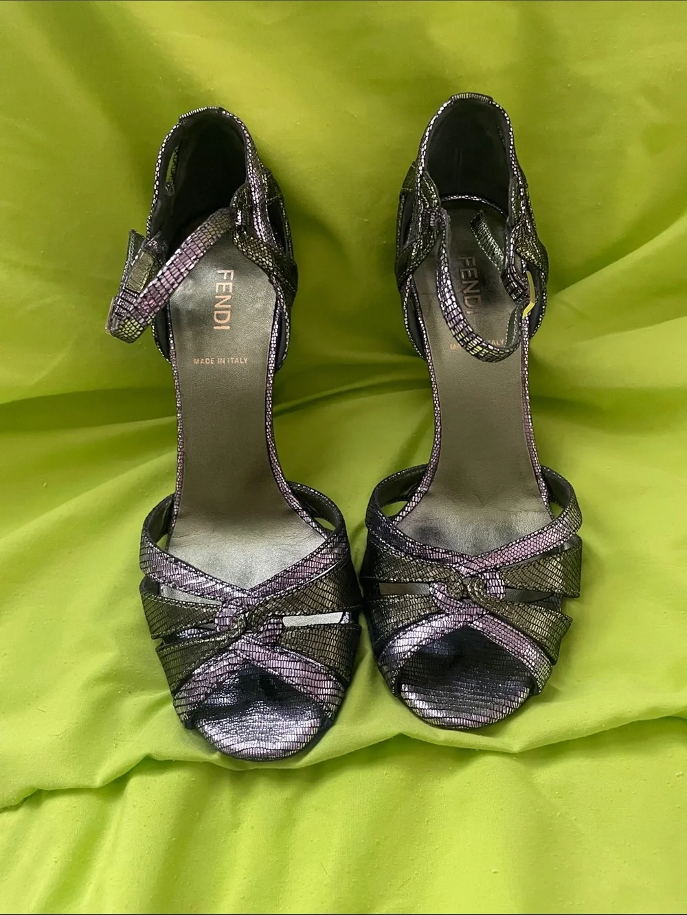 Fendi Metallic Purple & Green Crisscross Ankle-Strap Heels
